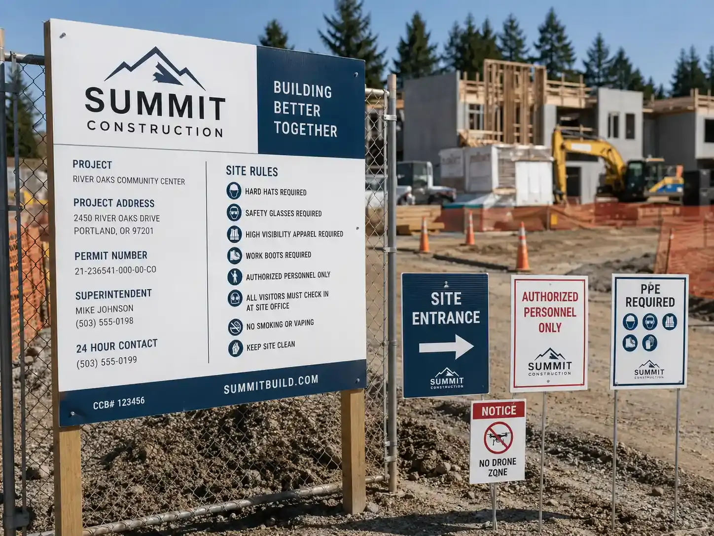 Construction site coroplast signs with project details and safety notices